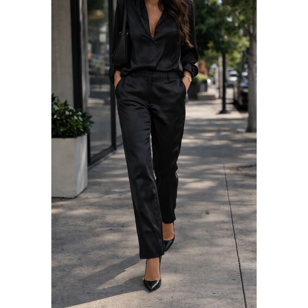 Toteme Low-Waist Satin Trousers Womens 36 Black New Straight‎ Leg NWT